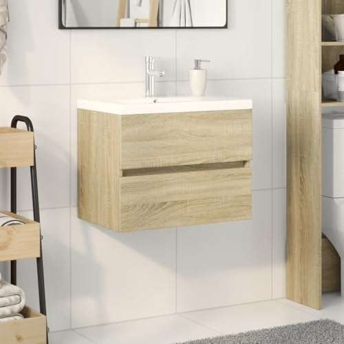 Qnhdfrt Badezimmerschrank Set mit Keramik Waschbecken und Holzwerkstoff Unterschrank in Sonoma-Eiche 60 cm Breite Robust Langlebig mit Schubladen Stauraum für Bad WC von Qnhdfrt