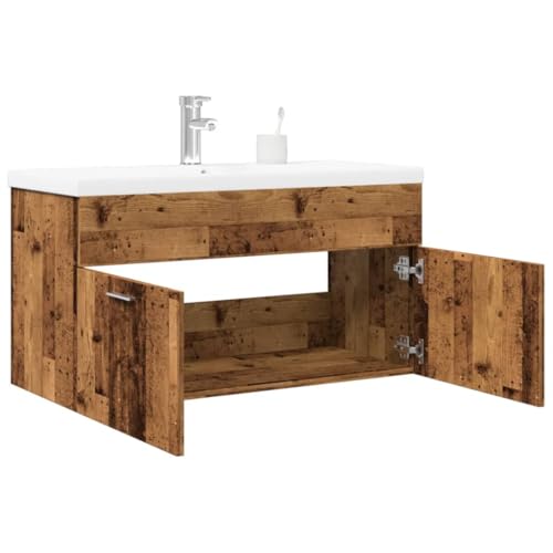 Qnhdfrt Badezimmerschrank mit Einbaubecken Altholz 90x38,5x46 cm Keramik-Waschbecken Weiß Wandmontage platzsparend für kleines Bad WC und Gäste-WC von Qnhdfrt