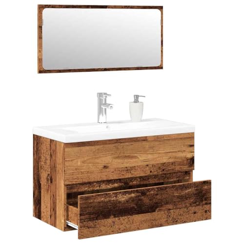 Qnhdfrt Badmöbel-Set Altholz-Optik 80 cm Waschbeckenunterschrank mit Keramik-Waschbecken und Spiegel Wandmontage Pop-Up-Ablauf für kleine Badezimmer und Gäste-WC von Qnhdfrt
