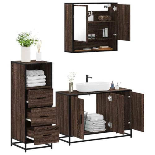 Qnhdfrt Badmöbel-Set Braun Eichen-Optik Holzwerkstoff Badezimmerschrank Set mit Spiegelschrank Waschbeckenunterschrank Stauraum Qnhdfrt Badmöbel-Set Braun Eichen-Optik Holzwerkstoff Badezimmerschrank Set mit Spiegelschrank Waschbeckenunterschrank Stauraum von Qnhdfrt
