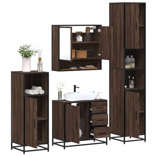 Qnhdfrt Badmöbel-Set Braun Eichen-Optik Holzwerkstoff Metall Badezimmerschrank Set mit Spiegelschrank Waschbeckenunterschrank für optimale Ordnung von Qnhdfrt