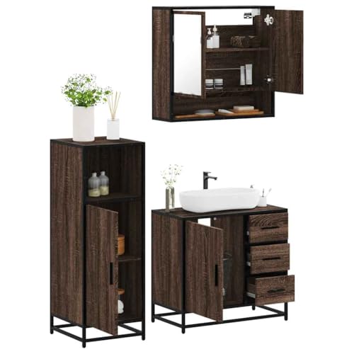 Qnhdfrt Badmöbel-Set Braun Eichen-Optik aus Holzwerkstoff Metall Glas - Komplettset mit Spiegelschrank Waschbeckenunterschrank und Badezimmerschrank für stilvolles Badezimmer von Qnhdfrt