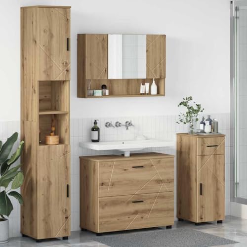 Qnhdfrt Badmöbel-Set Eiche handwerklich 30x35x192 cm Holzwerkstoff Hochschrank mit Spiegel 3 Schubladen 6 Türen für Badezimmer klein von Qnhdfrt
