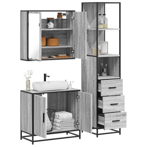 Qnhdfrt Badmöbel-Set Grau Sonoma aus Holzwerkstoff und Metall - 3-teiliges Badezimmerschrank Set mit Spiegelschrank Waschbeckenunterschrank und Hochschrank für stilvolle Organisation im Badezimmer von Qnhdfrt