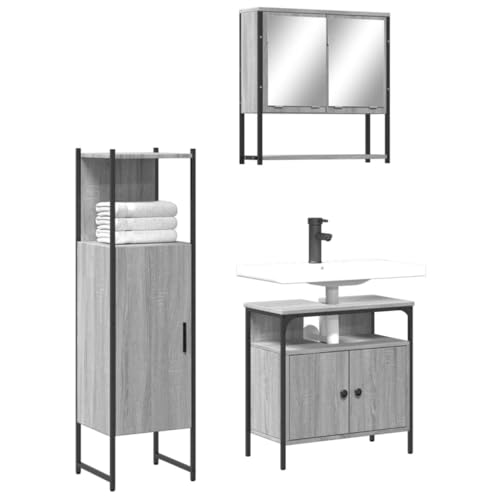 Qnhdfrt Badmöbel-Set Grau Sonoma mit Spiegelschrank Waschbeckenunterschrank und Badezimmerschrank für praktischen Stauraum und platzsparendes Design im Badezimmer von Qnhdfrt