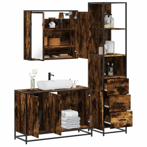 Qnhdfrt Badmöbel-Set Räuchereiche Holzwerkstoff 3-TLG mit Spiegelschrank Waschbeckenunterschrank Badschrank für Badezimmer Flur Modernes Design Robust von Qnhdfrt