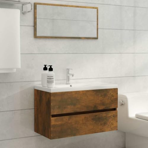 Qnhdfrt Badmöbel-Set Räuchereiche Holzwerkstoff Waschbeckenunterschrank 80cm mit Spiegel für Badezimmer Wandmontage und Modernes Design Qnhdfrt Badmöbel-Set Räuchereiche Holzwerkstoff Waschbeckenunterschrank 80cm mit Spiegel für Badezimmer Wandmontage und Modernes Design von Qnhdfrt