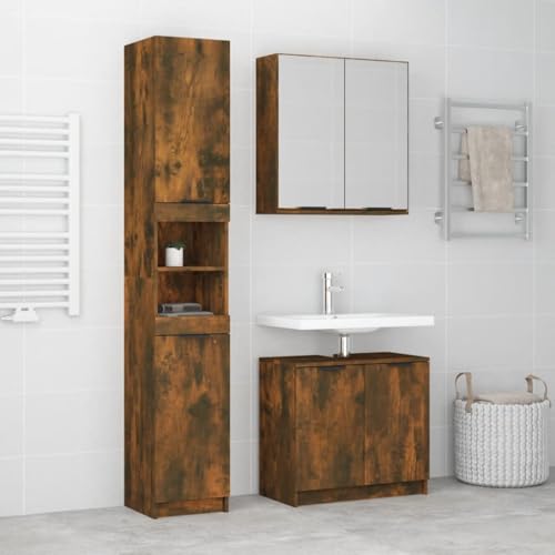 Qnhdfrt Badmöbel-Set Räuchereiche Holzwerkstoff mit Spiegelschrank und Stauraum Modernes Design für Badezimmer von Qnhdfrt