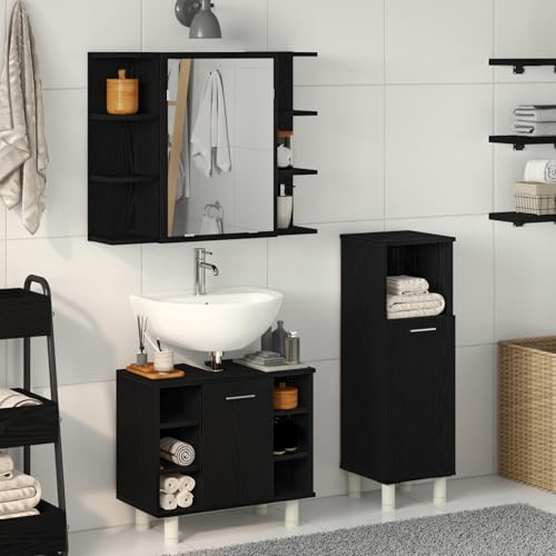 Qnhdfrt Badmöbel-Set Schwarz Eiche Holzwerkstoff 3-TLG Badezimmerschrank Set mit Spiegel, Bodenschrank und Wandschrank Moderner Stauraum für Ihr Badezimmer von Qnhdfrt
