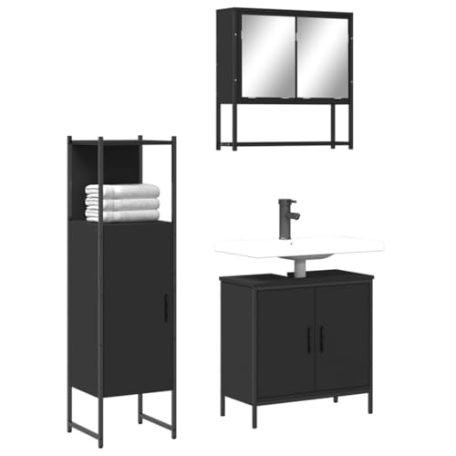 Qnhdfrt Badmöbel-Set Schwarz Holzwerkstoff mit Spiegel, Waschbeckenunterschrank und hohem Schrank für Bad WC – Praktisches 3-TLG Set mit viel Stauraum und platzsparendem Design Qnhdfrt Badmöbel-Set Schwarz Holzwerkstoff mit Spiegel, Waschbeckenunterschrank und hohem Schrank für Bad WC – Praktisches 3-TLG Set mit viel Stauraum und platzsparendem Design von Qnhdfrt