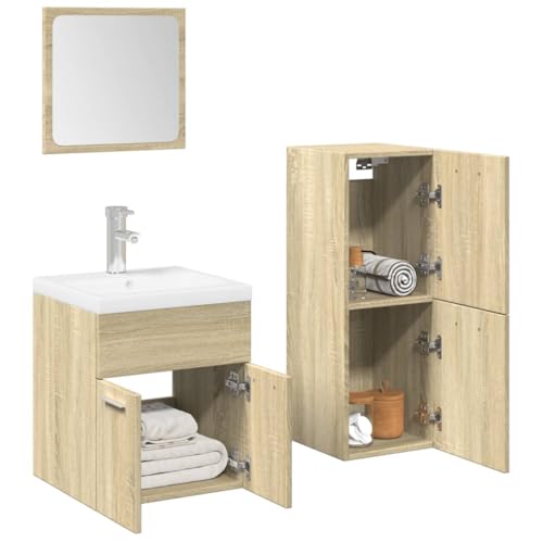 Qnhdfrt Badmöbel-Set Sonoma-Eiche Holzwerkstoff mit Waschbeckenunterschrank Hochschrank und Spiegel für Badezimmer - Schmaler Design Langlebig mit Stauraum und Keramik Waschbecken Kompakt von Qnhdfrt