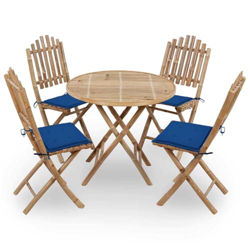 Qnhdfrt Bambus Essgruppe Set 4 Stühle mit Kissen Klappbar Outdoor Gartenmöbel 80 x 70 cm Tisch Wetterfest und Platzsparend für Balkon Terrasse Garten von Qnhdfrt
