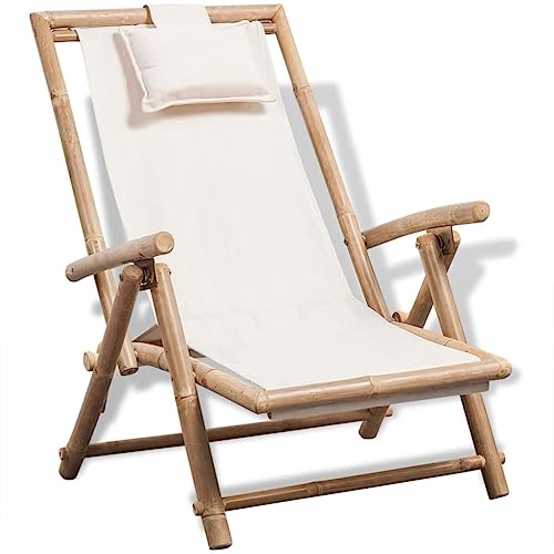 Qnhdfrt Bambus Liegestuhl Klappbar Outdoor mit Verstellbarer Rückenlehne und Segeltuch Sitzfläche Weiß für Garten Balkon Camping von Qnhdfrt