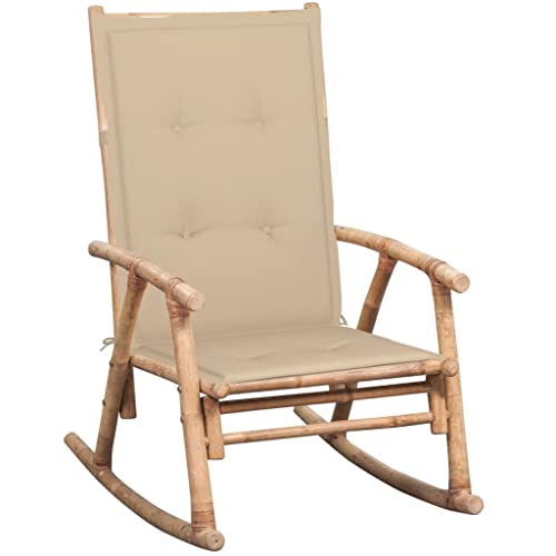Qnhdfrt Bambus Schaukelstuhl mit Beige Auflage für Garten Terrasse Balkon – Robuster und Pflegeleichter Loungesessel mit Wasserechtem Kissen von Qnhdfrt