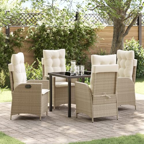 Qnhdfrt Beige Gartenstühle Set mit Kissen 4 Stühle + Tisch aus Synthetischem Poly Rattan für Garten Terrasse Balkon Wetterbeständig Verstellbare Rückenlehne Modernes Design von Qnhdfrt