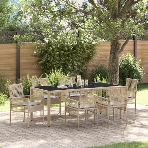 Qnhdfrt Beige Poly-Rattan Garten-Essgruppe Set 7-teilig mit Rechteckigem Glastisch und 6 Stühlen für 6 Personen Modernes Design Outdoor Möbel für Garten Terrasse Balkon Robust und Pflegeleicht von Qnhdfrt