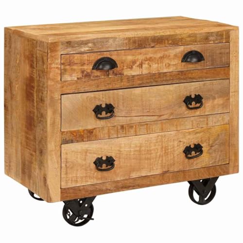 Qnhdfrt Beistellschrank Braun 70x38x63 cm aus massivem Mangoholz mit Rollen rustikaler Sideboard Wohnzimmer Küche Landhausstil für Living Room Esszimmer und Flur von Qnhdfrt