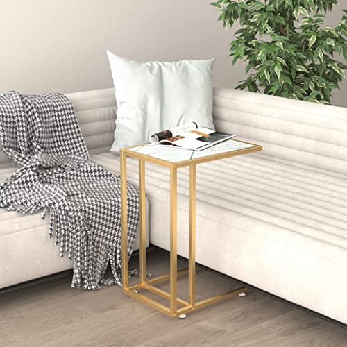 Qnhdfrt Beistelltisch aus Hartglas mit Goldener Basis Weiße Marmor Optik 50 x 35 x 65 cm Robuster und Stilvoller Couchtisch für Wohnzimmer Balkon und Garten von Qnhdfrt