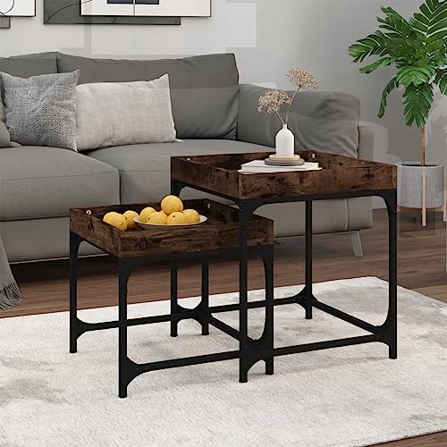 Qnhdfrt Beistelltische Set 2 Stück Räuchereiche Holzwerkstoff Stahl Höhenverstellbare Beine Industrielles Design für Wohnzimmer Schlafzimmer und Flur von Qnhdfrt