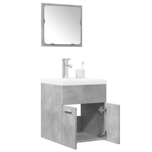 Qnhdfrt Betongrauer Badezimmerschrank Set mit Spiegel und Keramik Waschbecken Unterschrank Holzwerkstoff Wandmontage 41x38,5x46cm schmal klein platzsparend für Bad WC von Qnhdfrt