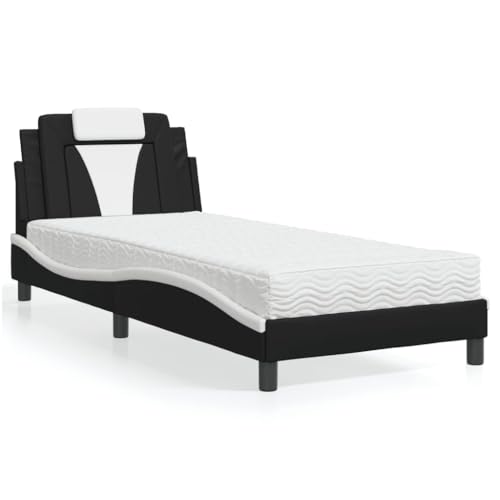 Qnhdfrt Bett Viana mit Matratze 90x190 cm Kunstleder Schwarz und Weiß Modernes Design mit Wellenoptik und Verstellbarer Härte für erholsamen Schlaf von Qnhdfrt