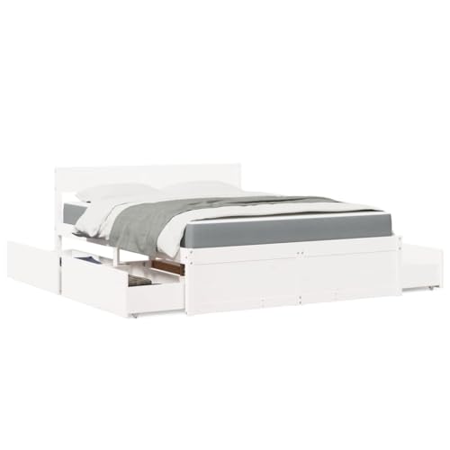 Qnhdfrt Bett mit Schubladen und Matratze 140x200 cm Massivholz Kiefer Weiß Modernes Design mit Taschenfederkernmatratze für Schlafzimmer Gästebett oder Jugendbett von Qnhdfrt