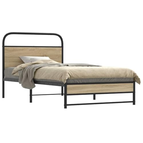Qnhdfrt Bettgestell 90x200 cm Räuchereiche Stahl Holzwerkstoff mit Lattenrost Robuste Metallkonstruktion und Elegantes Kopfteil für Schlafzimmer Gästebett oder Jugendbett Qnhdfrt Bettgestell 90x200 cm Räuchereiche Stahl Holzwerkstoff mit Lattenrost Robuste Metallkonstruktion und Elegantes Kopfteil für Schlafzimmer Gästebett oder Jugendbett von Qnhdfrt