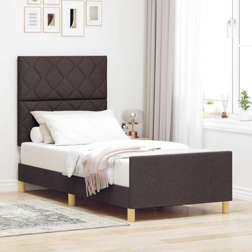 Qnhdfrt Bettgestell Dunkelbraun 90x190 cm Modernes Stoffbett mit Diamantblöcke Design Langlebiges Naturholz Bettgestell für Schlafzimmer Einzelbett von Qnhdfrt