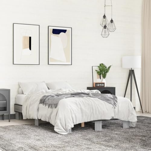 Qnhdfrt Bettgestell Grau Sonoma 120x200 cm aus Holzwerkstoff und Metall mit Stabilen Beinen und Sperrholzlatten für Erholsamen Schlaf Geeignet als Gästebett oder Jugendbett von Qnhdfrt