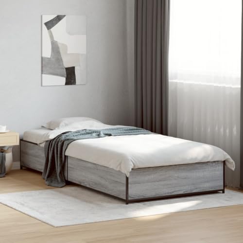 Qnhdfrt Bettgestell Grau Sonoma 90x190 cm Modernes Holzwerkstoff Bett mit Metallbeinen und Sperrholzlatten für erholsamen Schlaf Gästebett oder Jugendbett von Qnhdfrt