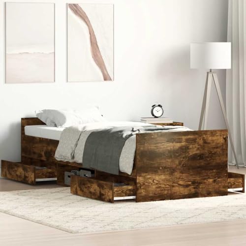 Qnhdfrt Bettgestell Räuchereiche 100x200 cm mit Kopfteil und Fußteil Langlebiges Kiefernholz Bett mit Stauraum für Schlafzimmer Gästebett oder Jugendbett Qnhdfrt Bettgestell Räuchereiche 100x200 cm mit Kopfteil und Fußteil Langlebiges Kiefernholz Bett mit Stauraum für Schlafzimmer Gästebett oder Jugendbett von Qnhdfrt