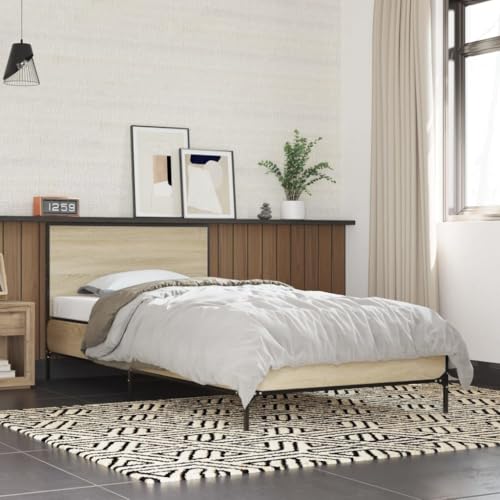 Qnhdfrt Bettgestell Sonoma Eiche 100x200 cm Modernes Holzwerkstoff Bett mit Metallbeinen und Kopfteil für erholsamen Schlaf Gästebett oder Jugendbett von Qnhdfrt