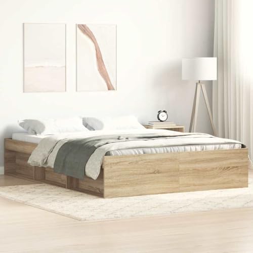 Qnhdfrt Bettgestell Sonoma-Eiche 120x200 cm Modernes Design mit 6 Staufächern und Sperrholzlatten Langlebiges Kiefernholz für Schlafzimmer Gästebett oder Jugendbett von Qnhdfrt
