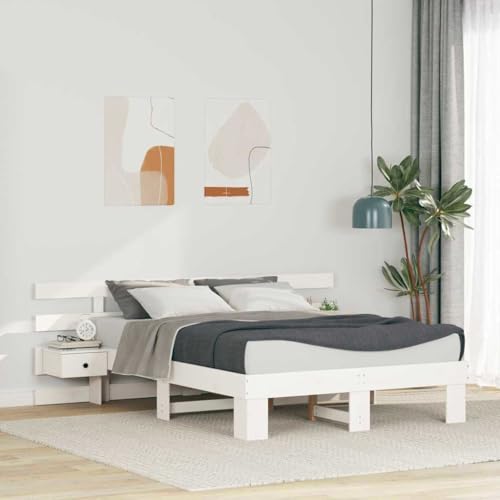 Qnhdfrt Bettgestell Weiß 120 x 200 cm Modernes Plattformbett aus Massiv Kiefernholz mit Integrierten Nachttischen und Schubladen Kein Lattenrost Notwendig für Schlafzimmer von Qnhdfrt