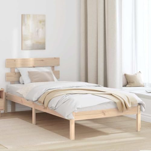 Qnhdfrt Bettgestell aus Massivholz Kiefer 100x200 cm mit Kopfteil Modernes Naturbraunes Design für Schlafzimmer Robustes Einzelbett ohne Boxspring von Qnhdfrt