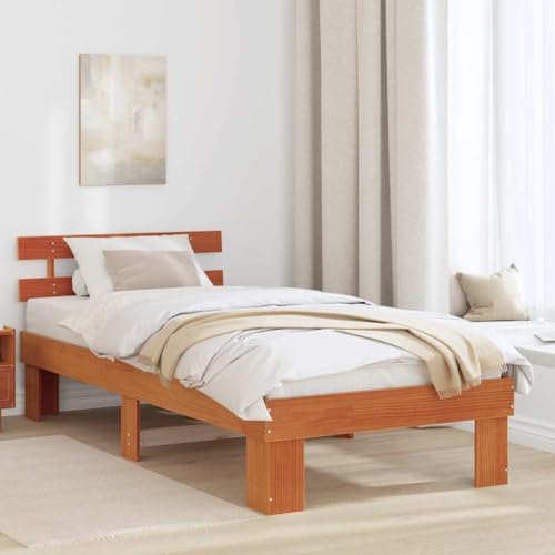 Qnhdfrt Bettgestell aus Massivholz Kiefer 90x200 cm Gewachste Braune Oberfläche mit Kopfteil Einzelbett Stilvolles Design für Traditionelle Schlafzimmer von Qnhdfrt