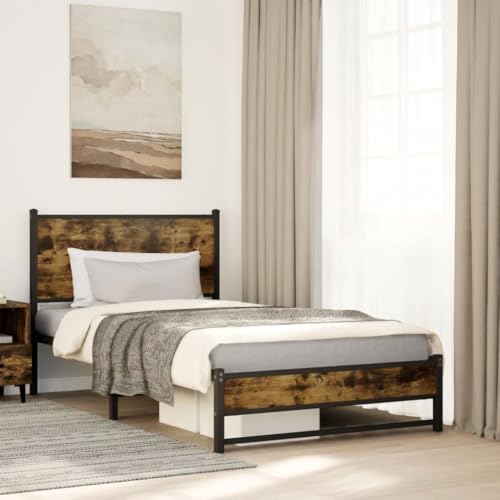 Qnhdfrt Bettgestell aus Stahl und Holzwerkstoff Räuchereiche 107x203 cm Robustes Metallbett mit Lattenrost und Stauraum für Schlafzimmer Gästebett oder Jugendbett Qnhdfrt Bettgestell aus Stahl und Holzwerkstoff Räuchereiche 107x203 cm Robustes Metallbett mit Lattenrost und Stauraum für Schlafzimmer Gästebett oder Jugendbett von Qnhdfrt