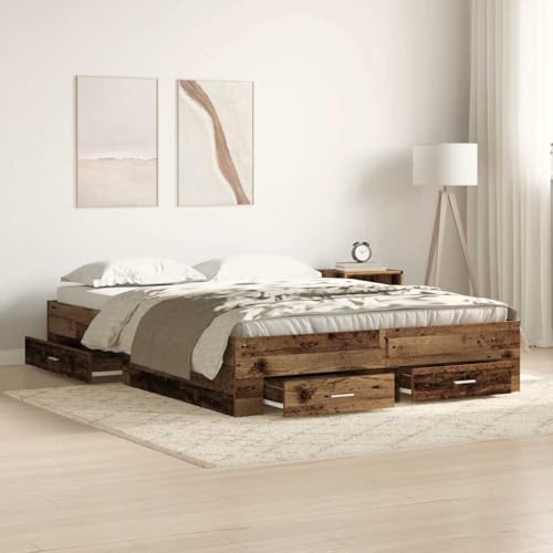 Qnhdfrt Bettgestell aus recyceltem Holz mit 4 Schubladen 135x190 cm Rustikales Altholz Design Robuste Bauweise & Großzügiger Stauraum für Schlafzimmer Qnhdfrt Bettgestell aus recyceltem Holz mit 4 Schubladen 135x190 cm Rustikales Altholz Design Robuste Bauweise & Großzügiger Stauraum für Schlafzimmer von Qnhdfrt
