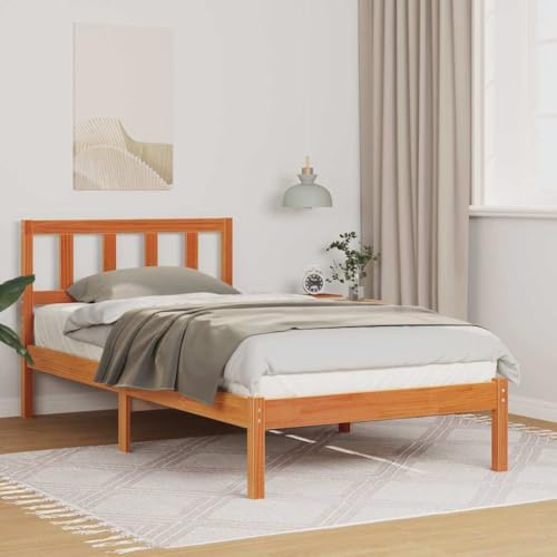 Qnhdfrt Bettgestell mit Kopfteil 100 x 200 cm Massivkiefer in Wachsbraun Modernes Design mit Robustem Lattenrost und Quadratischen Beinen für Schlafzimmer und Gästezimmer von Qnhdfrt