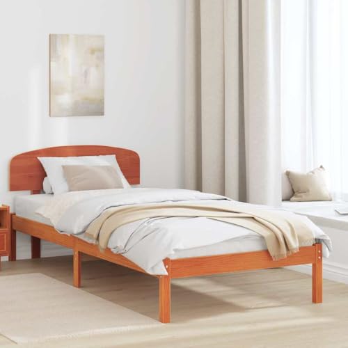 Qnhdfrt Bettgestell mit Kopfteil 90x200 cm Massivholz Kiefer Gewachst Braun Plattformbett Modernes Design für Schlafzimmer Einzelbett von Qnhdfrt