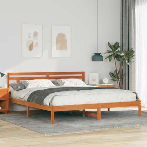 Qnhdfrt Bettgestell mit Kopfteil Braun 200 x 200 cm Kiefernholz Modernes Design mit Stauraum Verstellbar und Robust für Schlafzimmer Gästezimmer oder kleine Wohnungen von Qnhdfrt