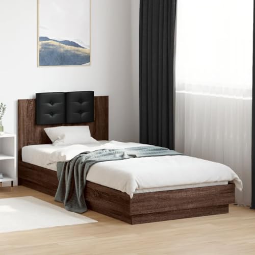 Qnhdfrt Bettgestell mit Kopfteil Braun Eichen-Optik 100x200 cm Langlebiges Holzwerkstoff-Bett mit Schaumstoff-Kopfkissen und Sperrholzlatten für erholsamen Schlaf von Qnhdfrt