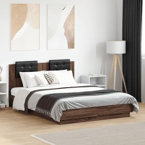 Qnhdfrt Bettgestell mit Kopfteil Braun Eichen-Optik 135x190 cm Robustes Holzwerkstoff Gestell mit Schaumstoff Kopfkissen für Erholsamen Schlaf im Schlafzimmer von Qnhdfrt