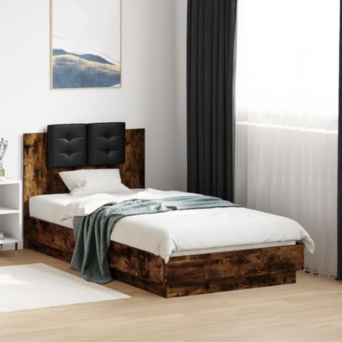 Qnhdfrt Bettgestell mit Kopfteil Räuchereiche 75x190 cm aus Holzwerkstoff mit Schaumstoff-Kopfkissen für erholsamen Schlaf und stilvolles Schlafzimmer von Qnhdfrt