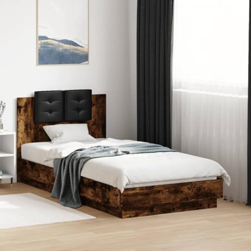 Qnhdfrt Bettgestell mit Kopfteil Räuchereiche 90x190 cm Holzwerkstoff Kunstleder für erholsamen Schlaf mit Schaumstoff Kopfkissen und stabilen Sperrholzlatten von Qnhdfrt