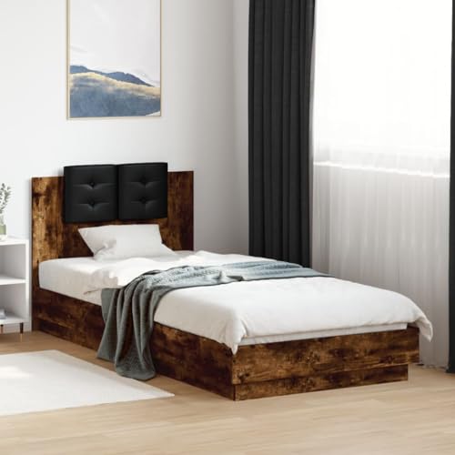 Qnhdfrt Bettgestell mit Kopfteil Räuchereiche 90x200 cm Holzwerkstoff mit Schaumstoff Kopfkissen – Robustes Daybed für Schlafzimmer und Gästezimmer von Qnhdfrt
