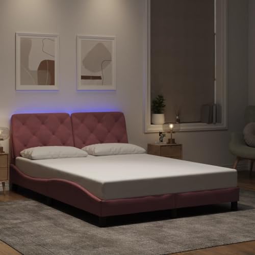 Qnhdfrt Bettgestell mit LED Beleuchtung 140x200 cm Rosa Samt Modernes Wellendesign mit USB-Anschluss und Kopfteil-Kissen für stilvolles Schlafzimmer von Qnhdfrt