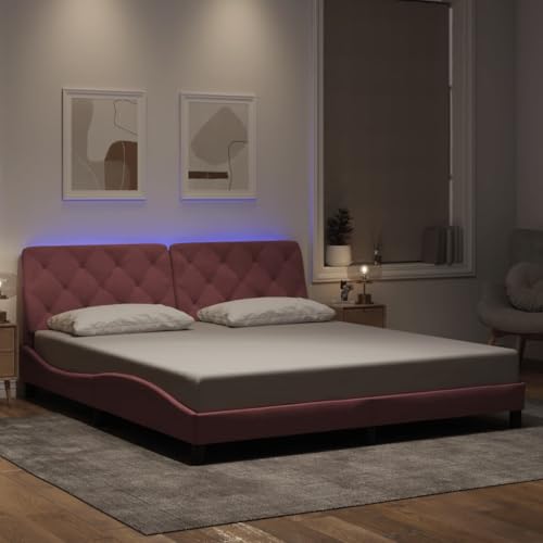 Qnhdfrt Bettgestell mit LED Beleuchtung 180x200 cm Rosa Samt Modernes Wellendesign mit USB Anschluss und Kopfteil Kissen für stilvolles Schlafzimmer von Qnhdfrt