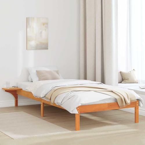 Qnhdfrt Bettgestell mit Nachttischen Braun 75 x 190 cm Massives Kiefernholz Modernes Design Fester Lattenrost bis 110 kg Integrierte Nachttische für Schlafzimmer von Qnhdfrt