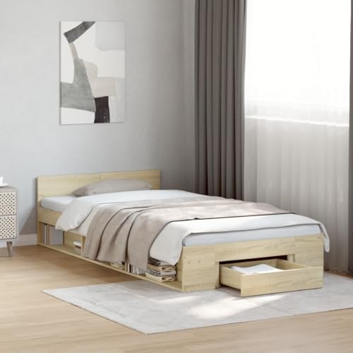 Qnhdfrt Bettgestell mit Schublade Sonoma-Eiche 75x190 cm Modernes Design mit Stauraum Langlebiges Holzwerkstoff Bett für Schlafzimmer Jugendzimmer und Gästezimmer von Qnhdfrt
